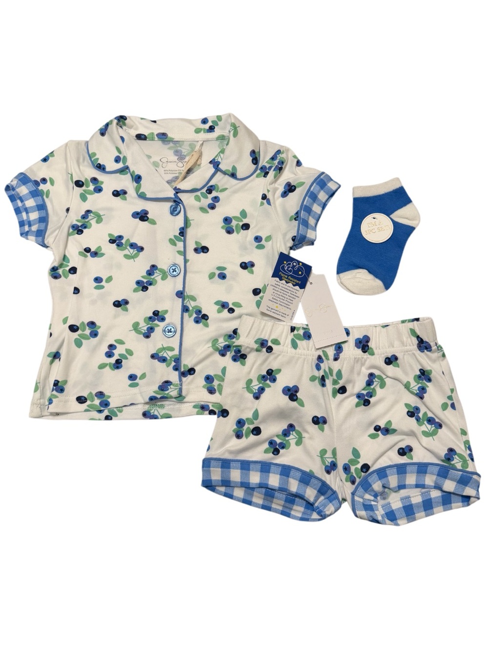Jessica Simpson Pajama Set with Blue Berry Print and Gingham Trim